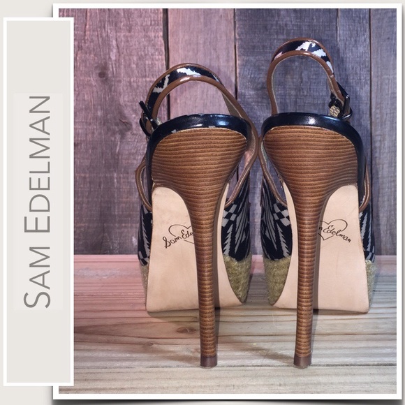 Sam Edelman Novato Peep Toe Leather Slingbacks Black-White Silk in Aztec Pattern - Picture 5 of 7